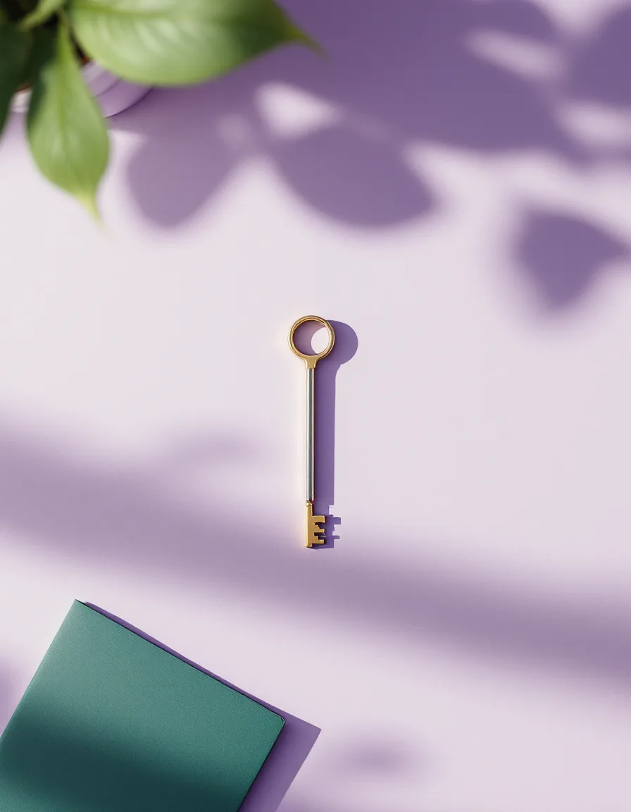 A lock-pick set and a brass key laid in a neat row on lilac felt beside a folded scope letter