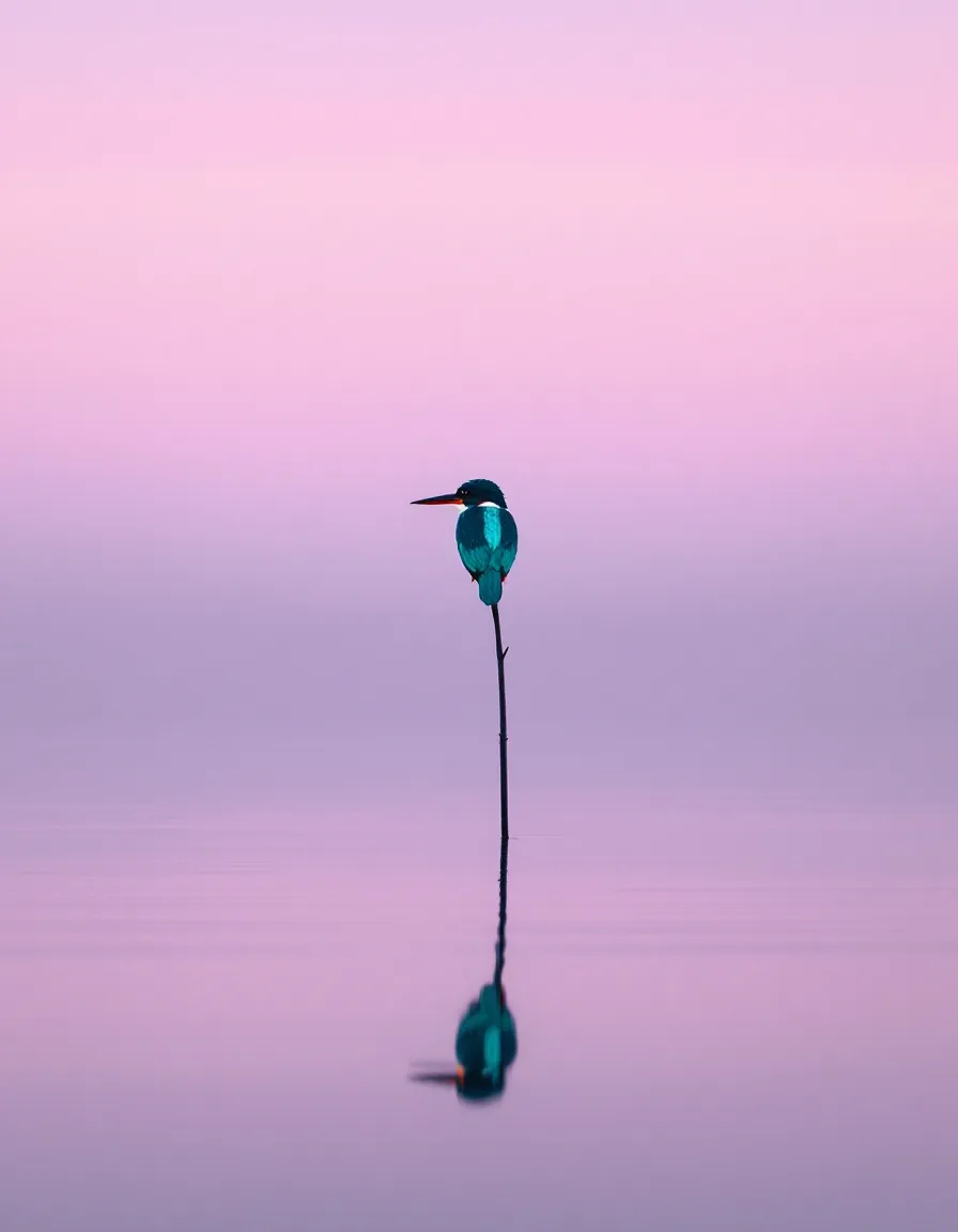 A kingfisher perched on a reed above glassy, lilac-tinted water at dawn