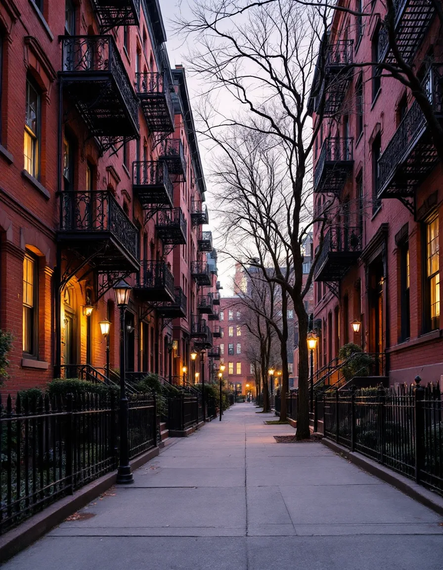 A quiet Upper East Side street at dawn with prewar brick buildings and a green door left slightly open