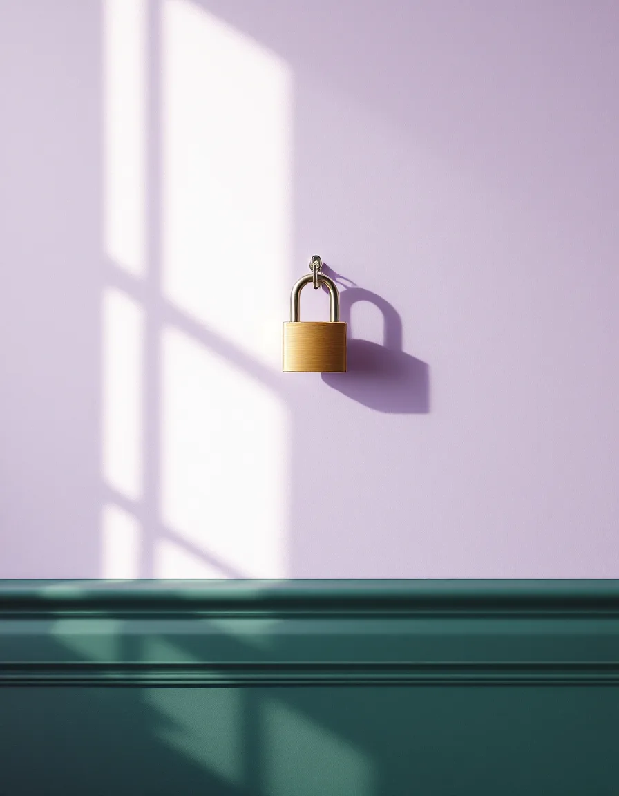 An open brass padlock hanging alone on a pale lilac wall in soft window light