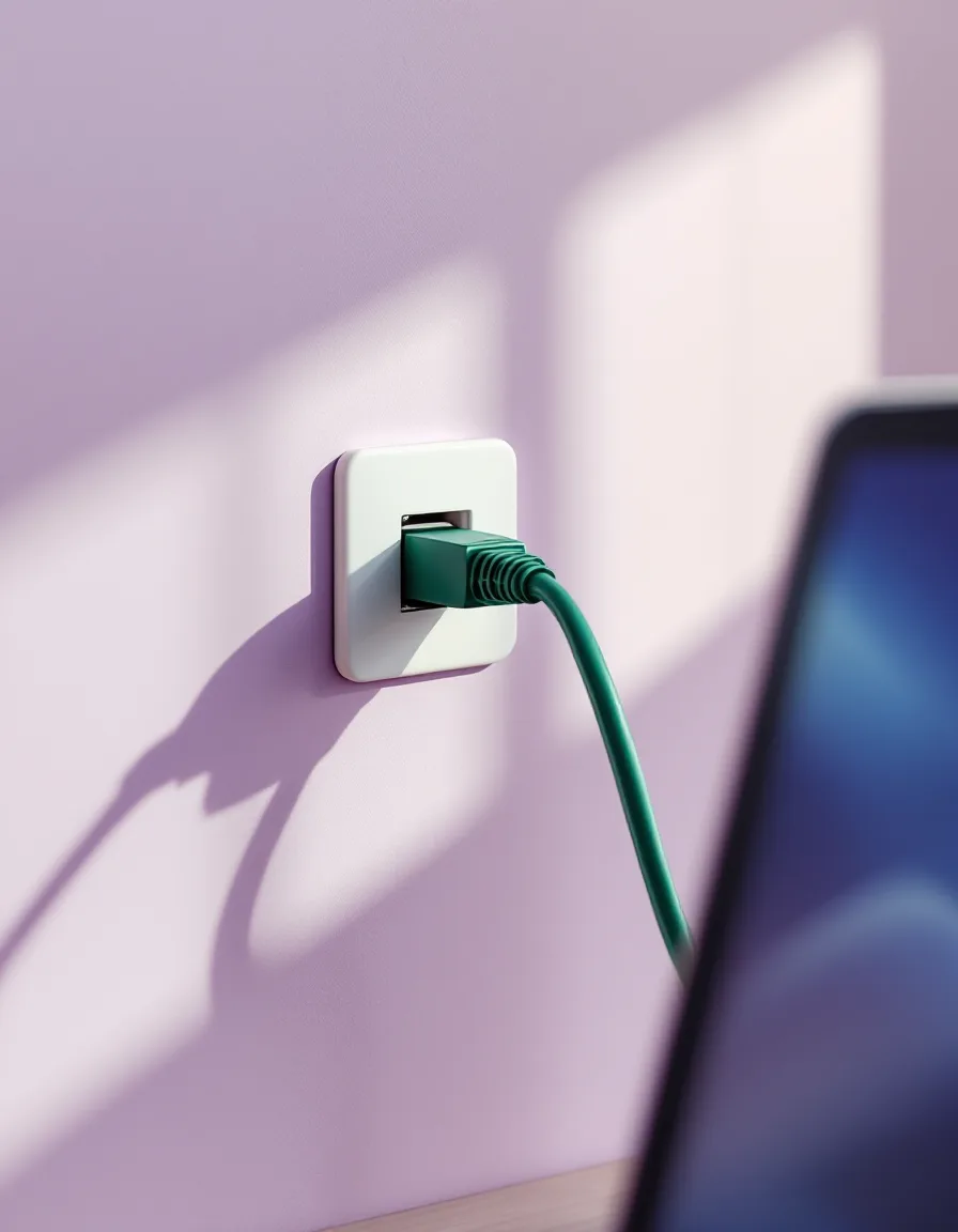 A green network cable plugged into a wall port on a lilac office wall