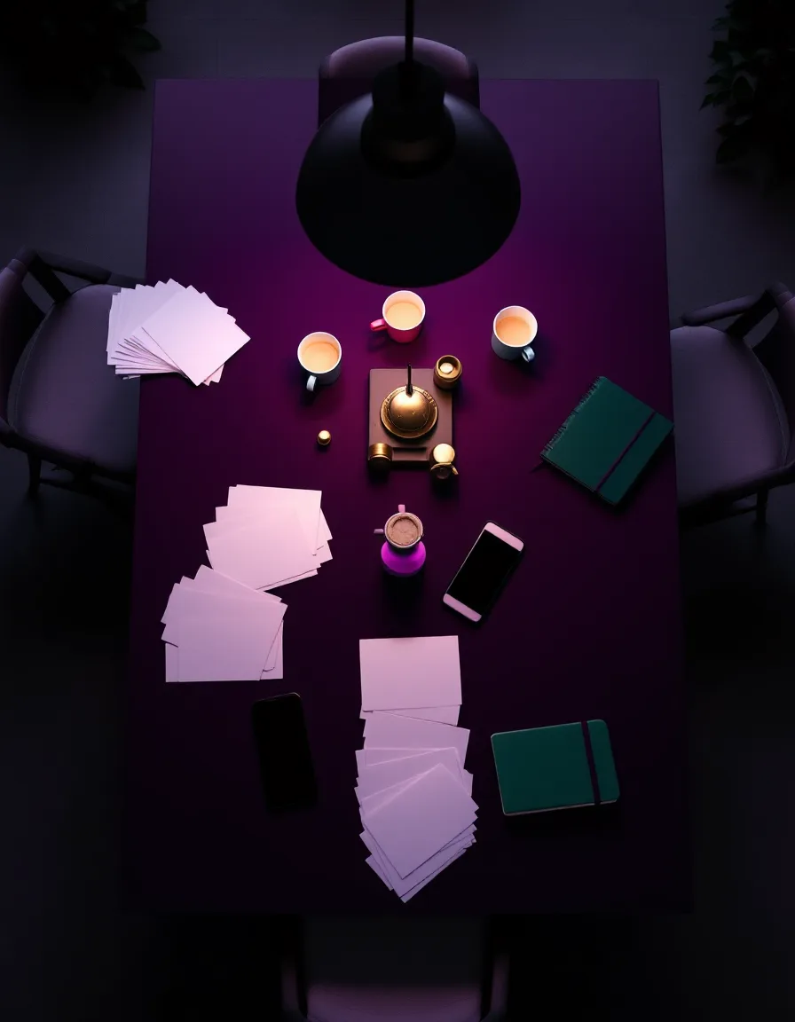 Scenario cards, a brass timer and coffee cups on a dark table during a tabletop drill